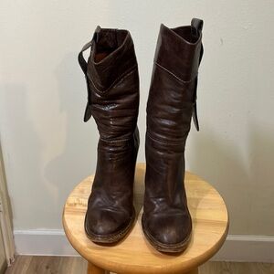 Chloe brown calf leather mid calf, stacked heel boots. Size 8.5